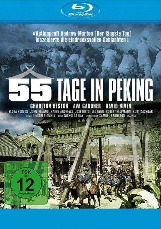 Blu-ray hoes "55 Dagen in Peking" met actiescènes en de hoofdrolspelers Charlton Heston en Ava Gardner.