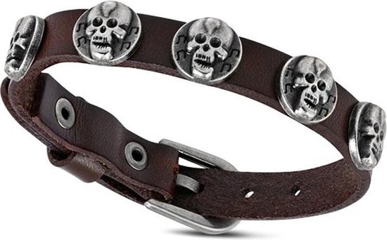 Bracelet Amanto Farham B - Homme - Cuir - Stud Skull - 12 mm - Ajustable (max 26cm)