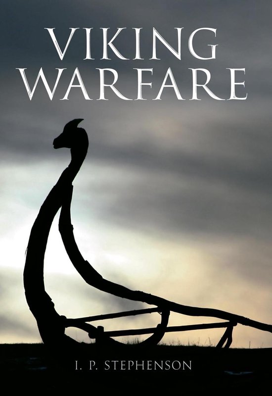 Boekomslag 'Viking Warfare' met silhouet van een Vikingschip tegen een dramatische lucht.