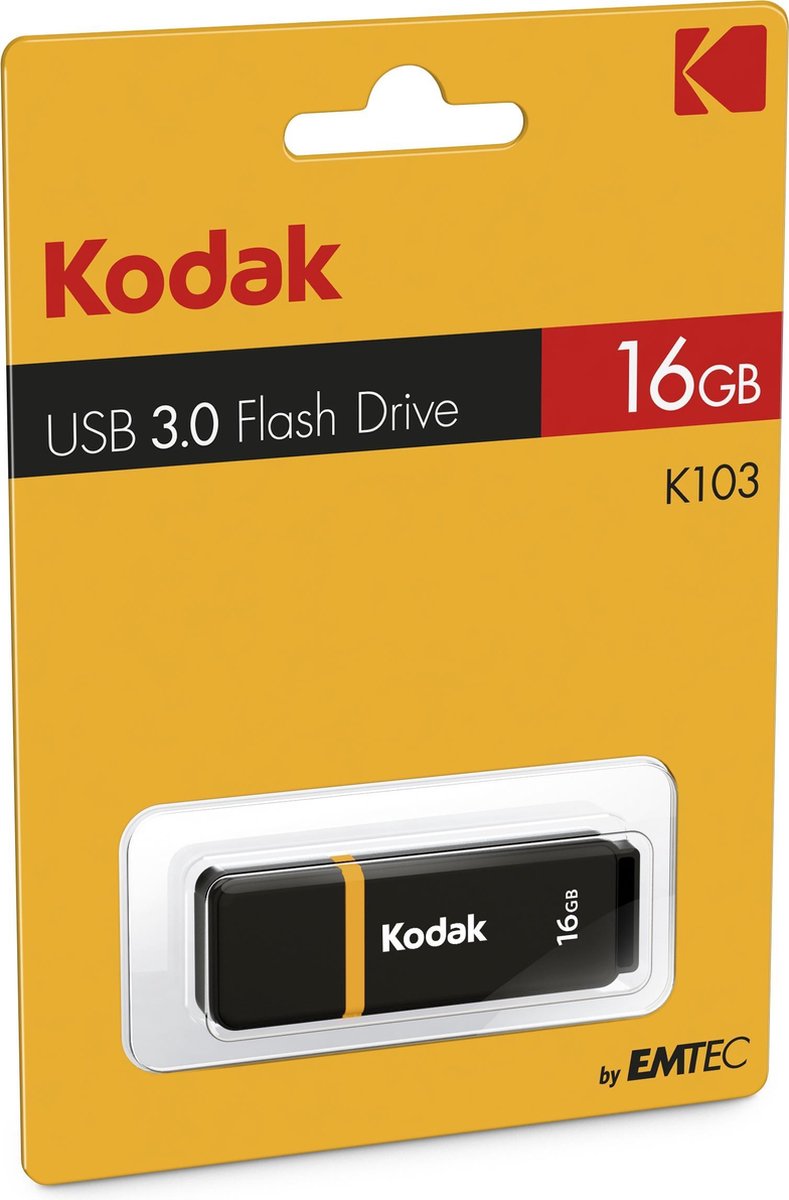 Kodak Classic K103® Series Flash Drive - 16 GB - USB Stick - USB 3.2 - Bescherm dopje - Zwart/ Geel