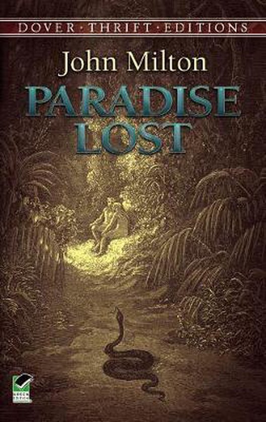 Couverture du livre "Paradise Lost" de John Milton, représentant Adam et Ève dans une jungle luxuriante, avec un serpent au premier plan.