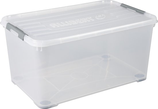 Transparante opbergbox van 115 liter met een grijze deksel en grijze sluitclips. 'Allibert' logo op de deksel.