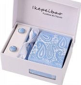 Elegante Stropdas Set in Geschenkdoos - inclusief Manchetknopen, Pochet en Dasspeld - S19 - Licht Blauw