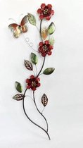 Metalen wanddecoratie tak met bloemen en vlinder - 33 x 97 cm