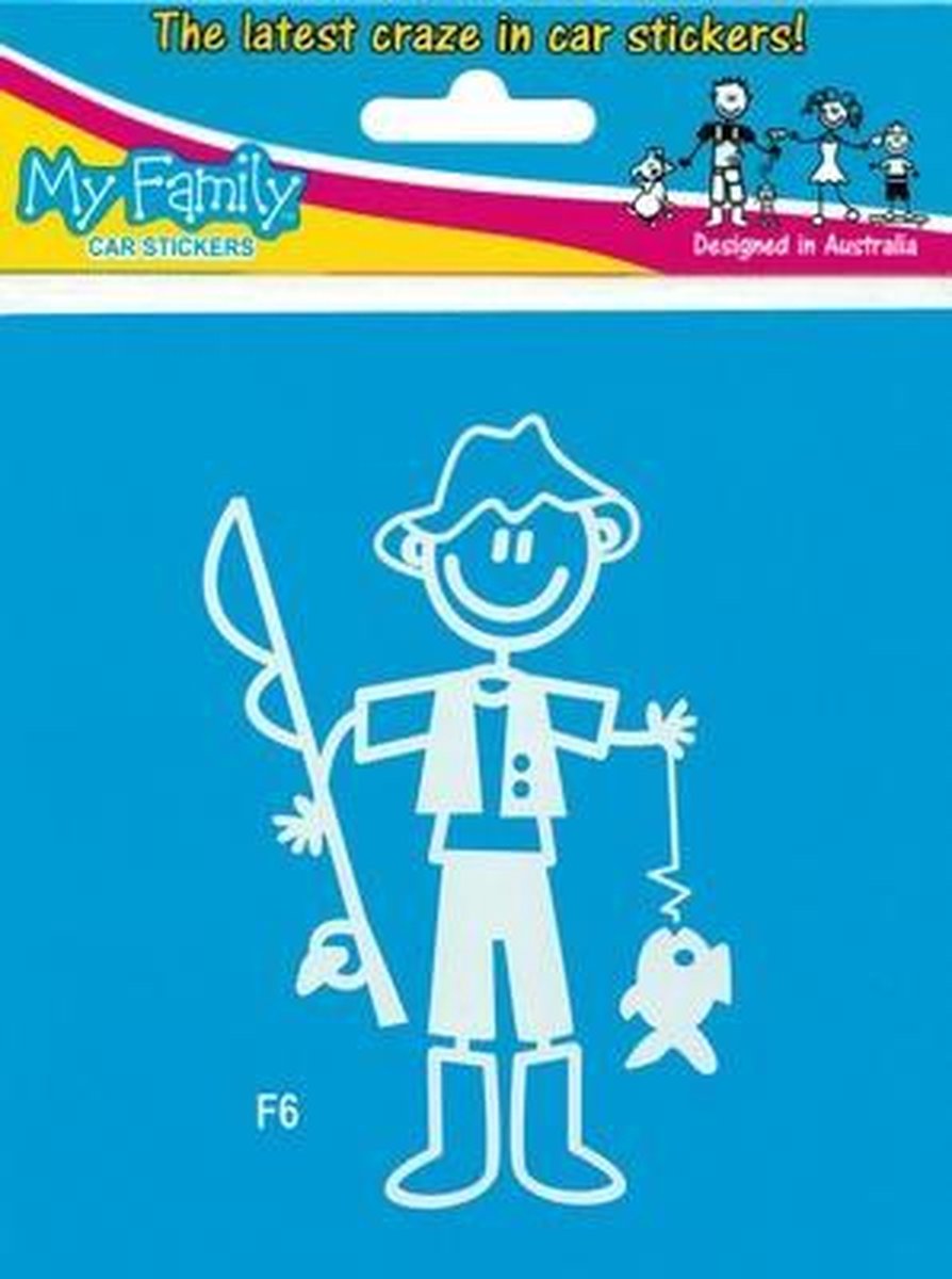 Vader met hengel - autosticker - wit - 10,5 cm