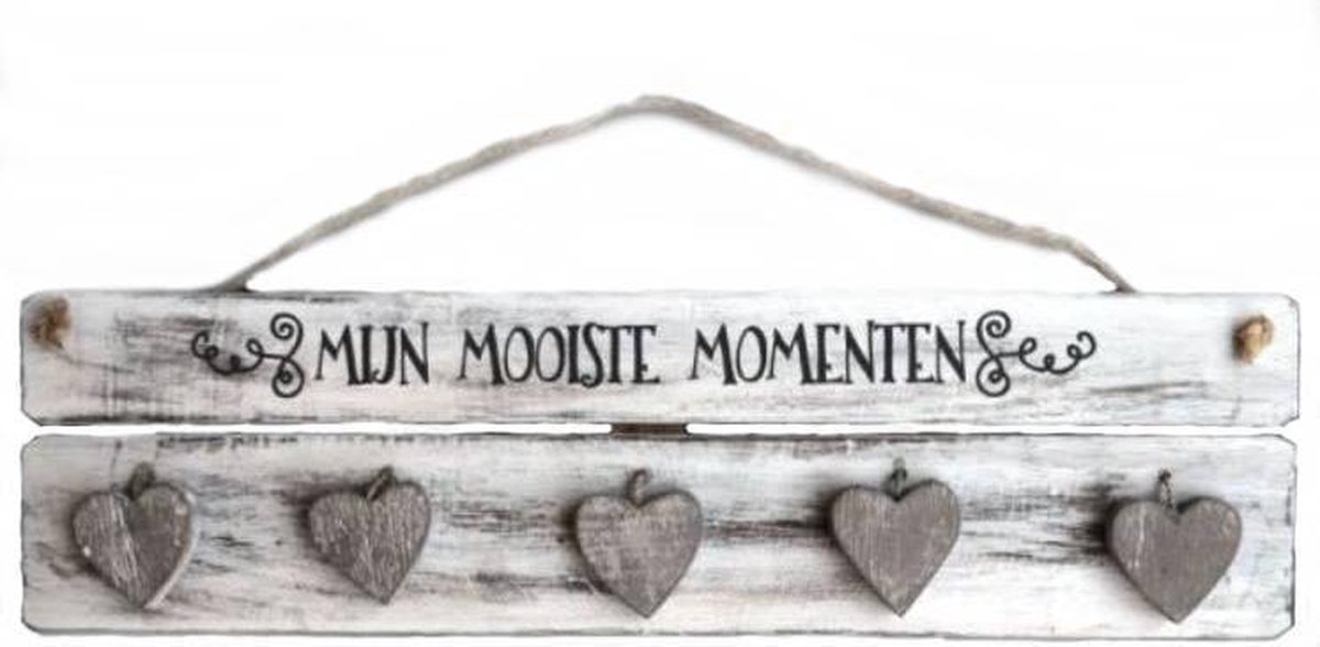 BonTon - Houten Tekstplank / Tekstbord 13 x 50 cm "Mijn mooiste momenten" - Kleur Antique White