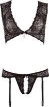 Cottelli Collection – Erotische Jarretel Lingerie Set met Open Kruis en Afgewerkt Strass Stenen voor Ultieme Verleiding – Maat XL - Zwart