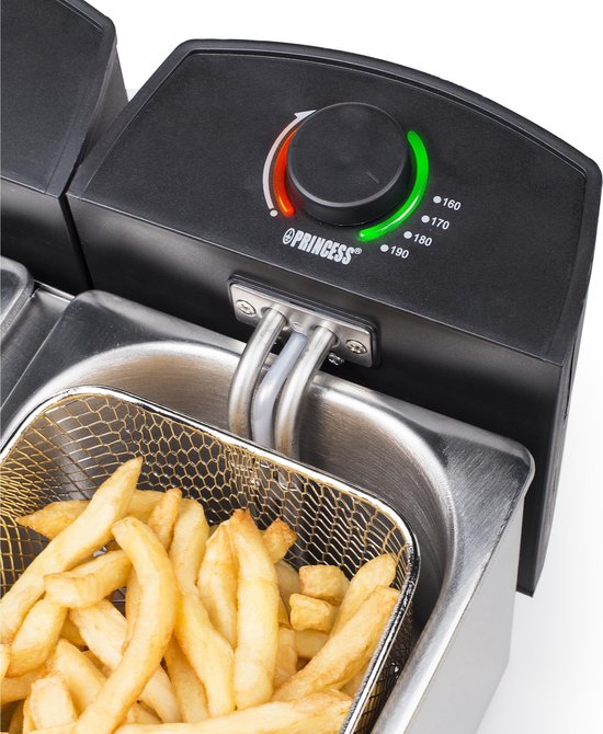 Princess Dubbele Frituurpan - Inhoud 2 x 3 liter - Koude Zone - 3600W - 2x regelbare thermostaat -183123 - RVS
