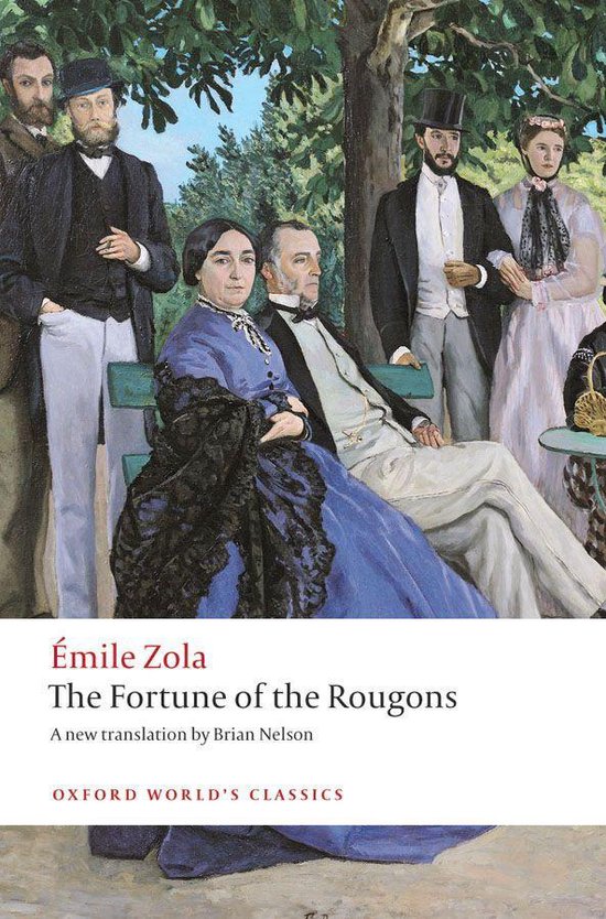 La couverture de "The Fortune of the Rougons" par Émile Zola, représentant une peinture d'un groupe de personnes en tenues du XIXe siècle, dont une femme en robe bleue.
