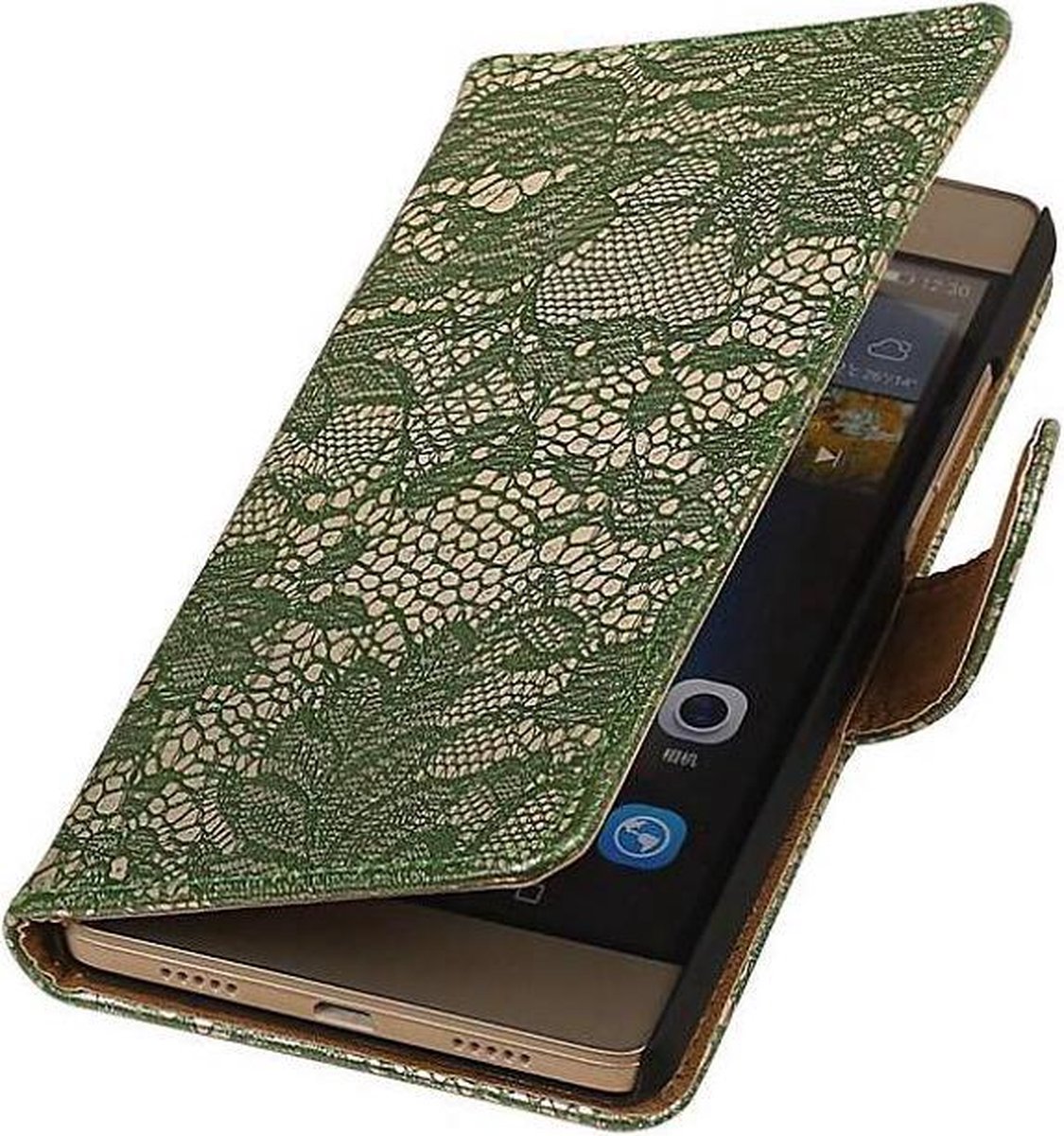 Lace Bookstyle Wallet Case Hoesjes Geschikt voor Huawei Ascend G6 4G Donker Groen
