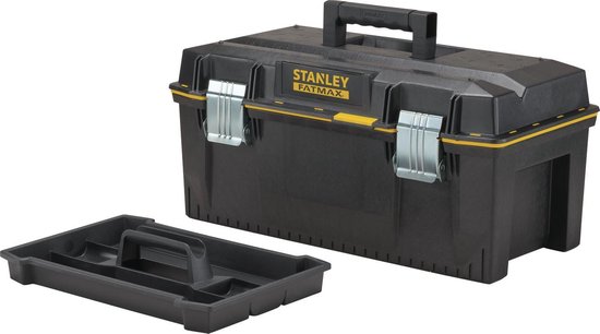 Zwarte Stanley FatMax gereedschapskoffer met verwijderbare bak naast zich.