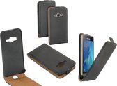 Zwart Lederen Flip Case voor Samsung Galaxy J1 (2016) Hoesje