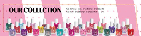 Overzicht van de "Snails" nagellakcollectie in verschillende kleuren, elk met een strik en slakkenlogo. Tekst: OUR COLLECTION.
