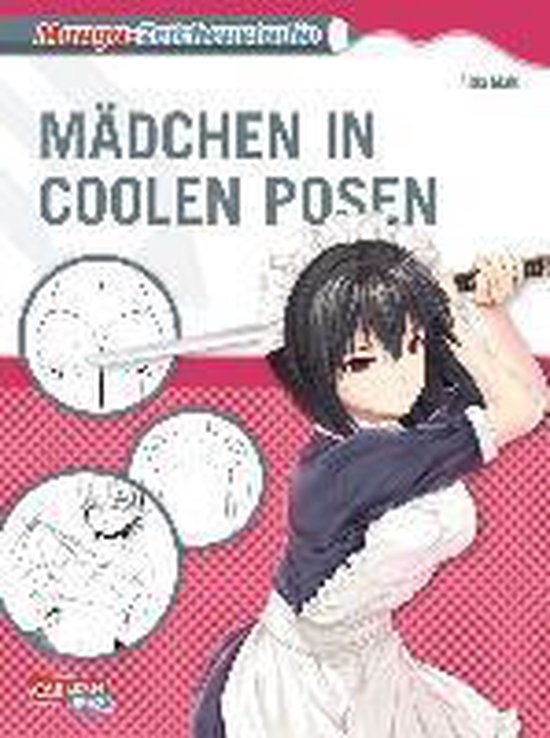 Leerboek 'Mädchen in coolen Posen' met een anime-meisje in maid-outfit dat een zwaard vasthoudt op een roze achtergrond.