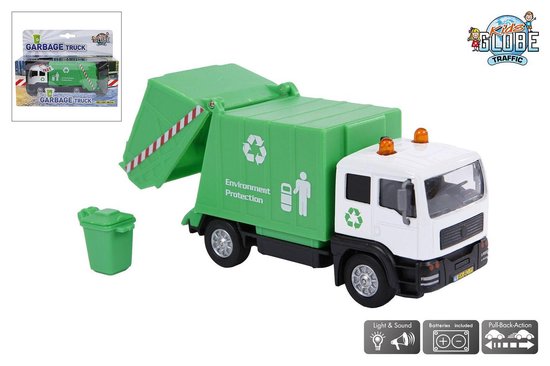 Groene vuilniswagen met witte cabine, open achterklep en losse groene afvalbak, in verpakking.