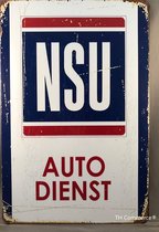 NSU Autodienst Garage - Metalen Vintage Decoratie Wandbord - Klassiek auto -Reclamebord - Muurplaat - Retro - Wanddecoratie -Tekstbord - Nostalgie - 30 x 20 cm - 0635