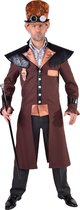 Stoer Steampunk kostuum voor heren - maat M -mantel in bruin, zwart en brons + kruitstreep broek kleur