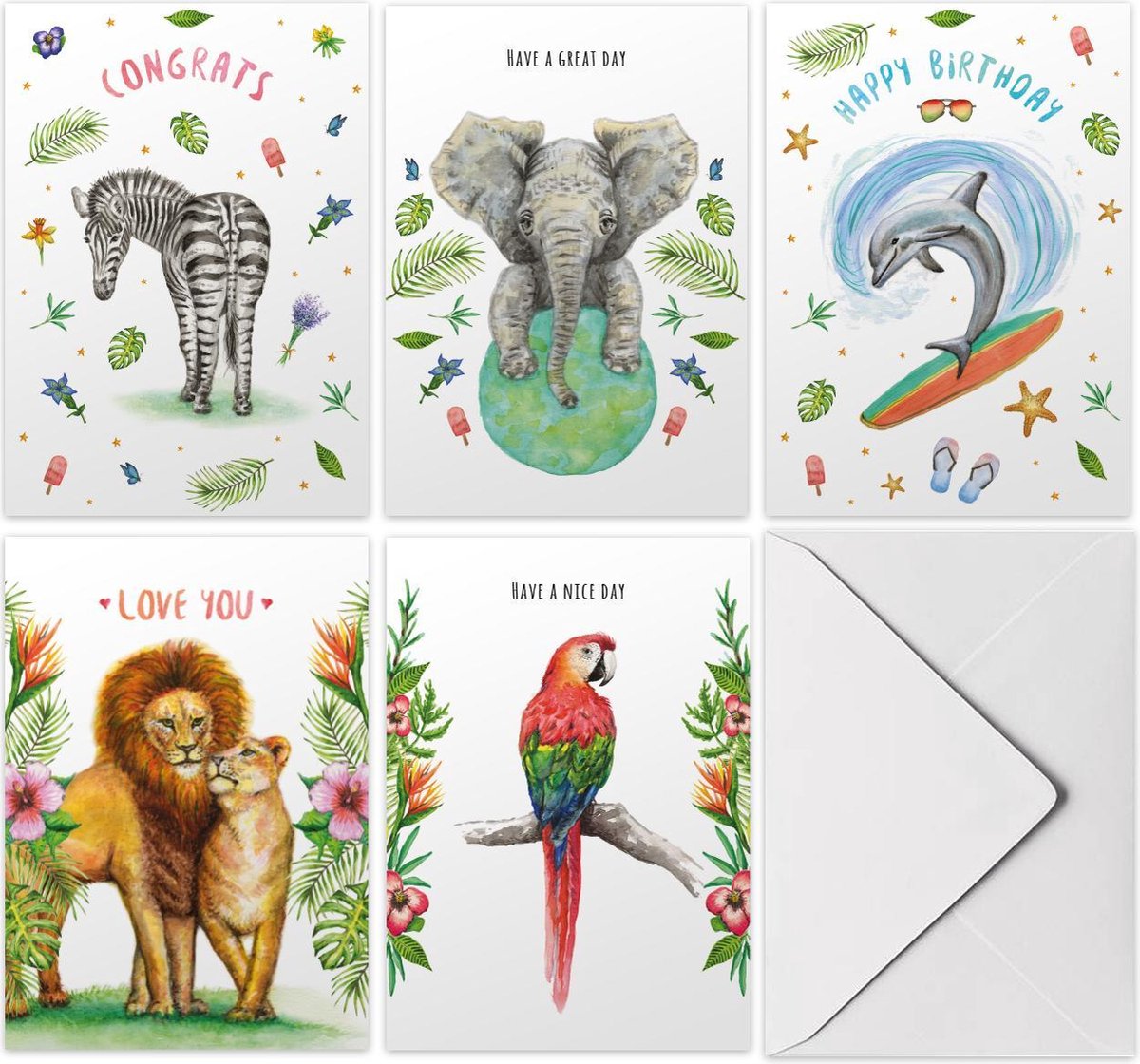 Kaartenset mix - 10 stuks - A6 - Wenskaarten met envelop - Verjaardagskaart - Liefdeskaart - Papegaai - Olifant - Zebra - Dolfijn - Leeuwen - Tropische decoraties - Schilderingen in aquarel door Mies to Go