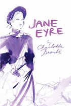 Aquarelschets van Jane Eyre in paarse jurk en hoed met de tekst "Jane Eyre" door Charlotte Brontë.