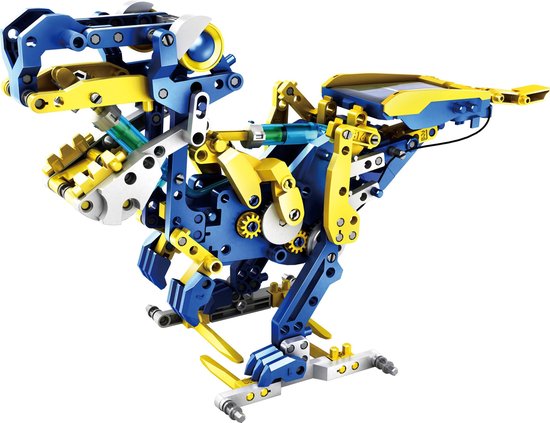 Blauw-gele robot in de vorm van een dinosaurus, met een zonnepaneel op de rug.