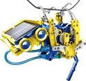 Blauw-gele robotconstructie met zonnepaneel, grijpklauwen en een slang, hangend aan een draad.