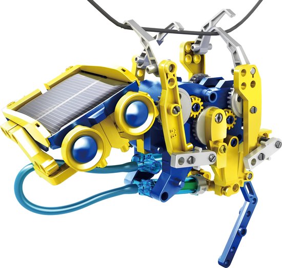 Blauw-gele robotconstructie met zonnepaneel, grijpklauwen en een slang, hangend aan een draad.