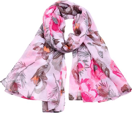 Roze dames sjaal met taupe en rozerode klaprozen - 90 x 180 cm