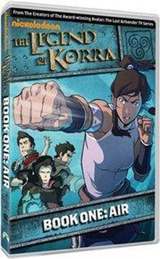 DVD van The Legend of Korra. Met Korra in de voorgrond in een vechthouding. Op de achtergrond staan Mako, Bolin en Asami.
