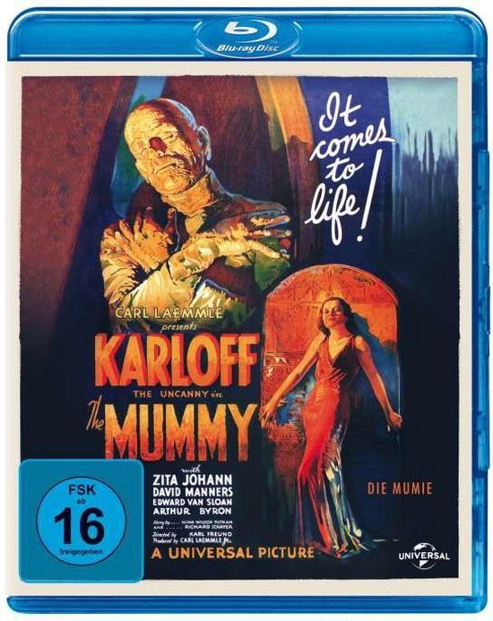 Blu-ray hoes voor "The Mummy" met Boris Karloff als de mummie en een vrouw in een rode jurk. Tekst: "It comes to life!", "Karloff the Uncanny", "Die Mumie".
