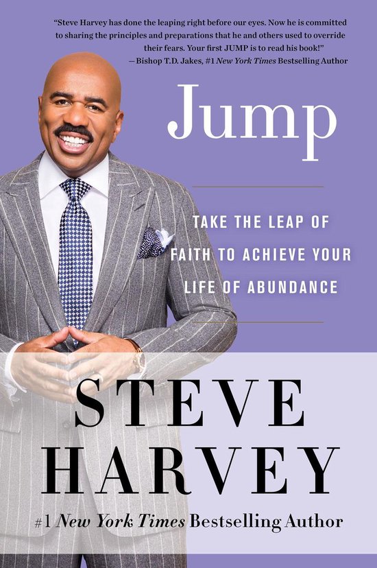 Steve Harvey draagt een gestreept grijs pak, wit overhemd en een blauw-witte ruit das. De titel "Jump" staat prominent op de omslag.