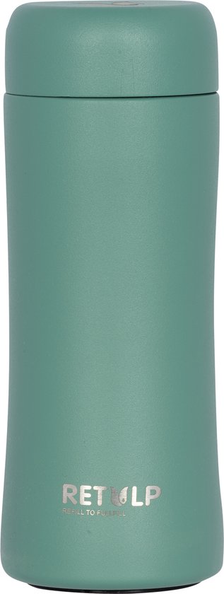 Een mintgroene RETULP tumbler met logo op zwarte achtergrond.