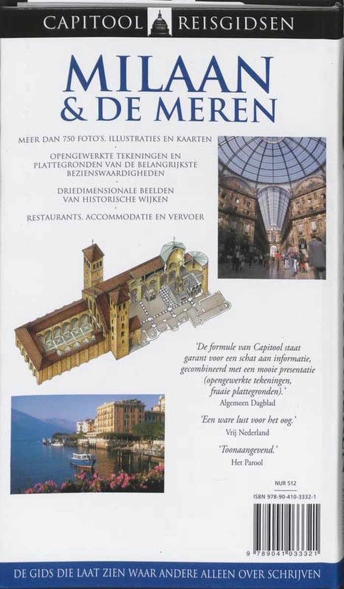 Boek 'Milaan & De Meren' met afbeeldingen van de Duomo, een kustplaats en een stadsplattegrond.