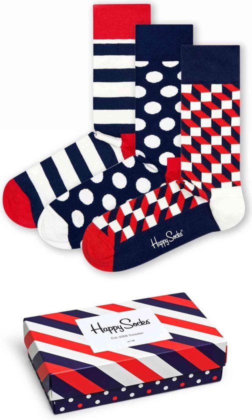 Happy Socks Classic Stripe Gift Box - rood - wit en blauwe sokken - Unisex - Maat: 36-40