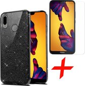 Huawei P20 Lite Hoesje Glitters Siliconen TPU Case Zwart + Screenprotector Tempered Glass - BlingBling Cover van iCall