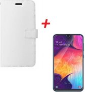 Samsung Galaxy A70 Portemonnee hoesje wit met Tempered Glas Screen protector