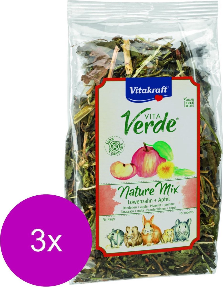 Vitakraft Vita-Verde Paardenbloem/Appel - Knaagdiersnack - 3 x 80 g