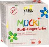 Mucki textiel vingerverf - 4 x 150 ml vingerverf voor textiel - kleuren geel, rood, blauw & groen