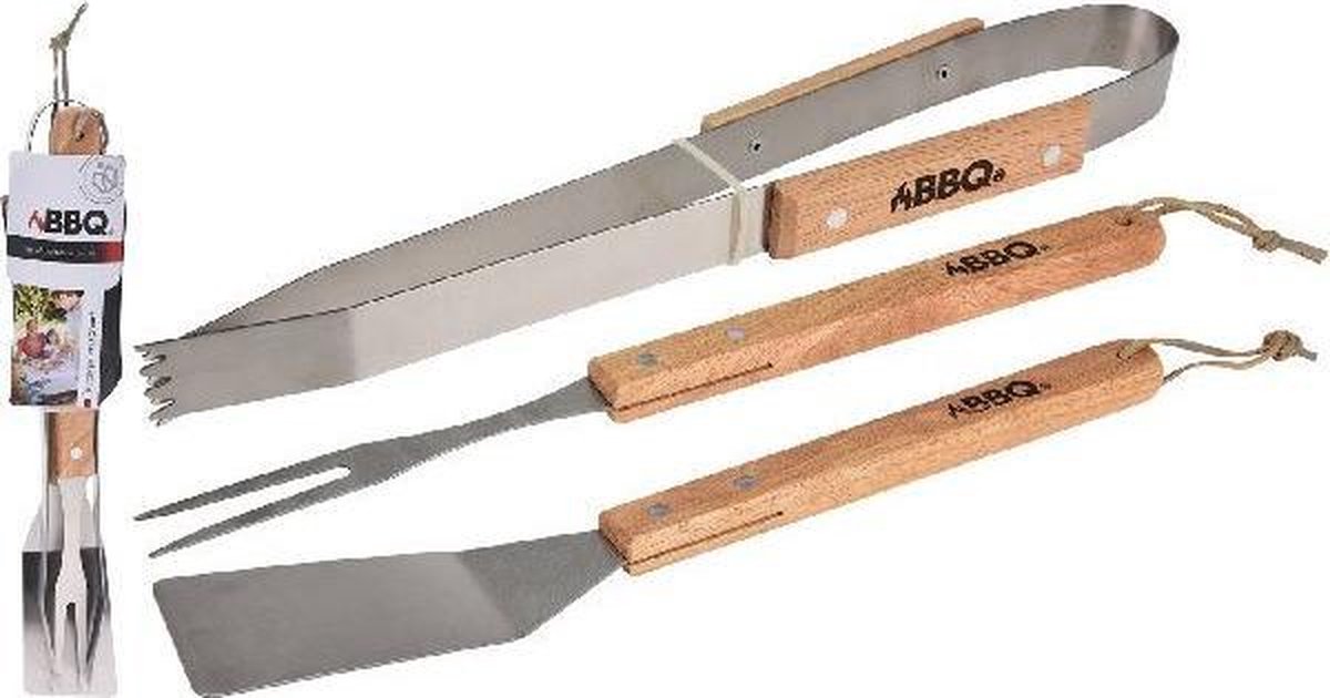 BBQ Gereedschap RVS/Hout 36cm 3-delig - BBQ