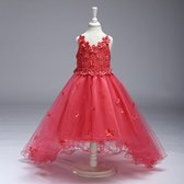 Meisjesjurk | Prachtige elegante tulen prinsessenjurk | Wit | Feestjurk met bloemetjes en kant | Jurk met bloemen | Bruidsmeisjesjurk met parels, pailletten, kralen en strik op de rug | Maat 122/128