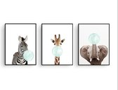 Poster Set 3 – Zebra Giraffe Olifant met Groene Kauwgom – 40x30cm / A3 – Babykamer Muurdecoratie / Babyshower Cadeau