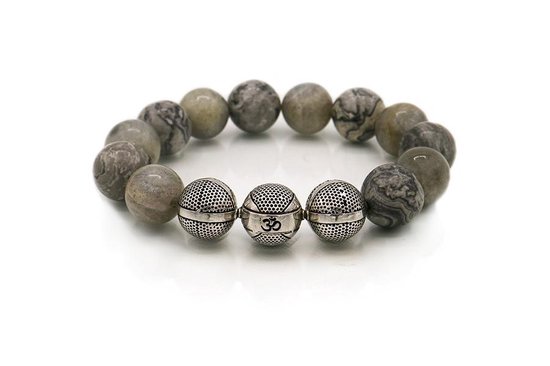 Edelsteen armband - Grijze Picasso Jaspis Landscape met Labradoriet Mix 14MM - 925 Sterling Zilver - Natuursteen armband - Valentijn cadeautje voor hem - Heren armband kralen - Cadeau voor man - InfinityBeads.nl