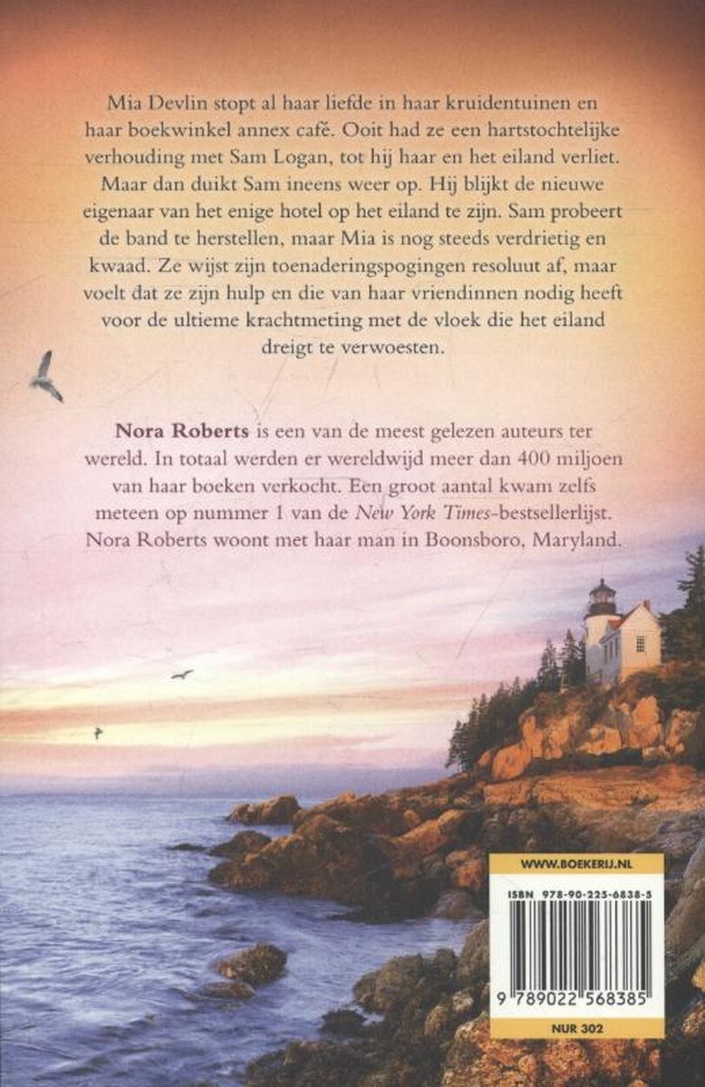 Boekcover achterkant met tekst en een kustlandschap bij zonsondergang, een vuurtoren en een vrouw in rood jurkje.