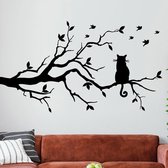 Muursticker kat in boom met vogels