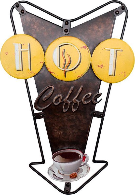 Signs-USA - Koffie wandbord - Hot Coffee Arrow - 26 x 1.5 x 40.5 cm - retro wandbord - metaal