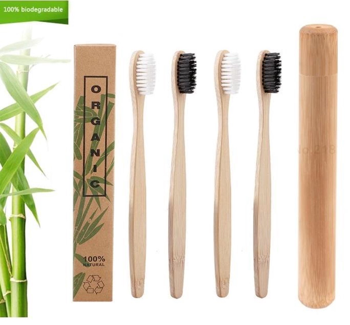 Set 4 bamboe tandenborstels + 1 bamboe tandenborstelkoker (biologisch afbreekbaar)