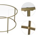 Gedetailleerd overzicht van de constructie van de ronde salontafel met glazen blad en goudkleurig frame.