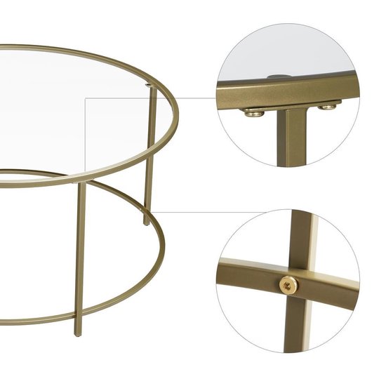 Gedetailleerd overzicht van de constructie van de ronde salontafel met glazen blad en goudkleurig frame.