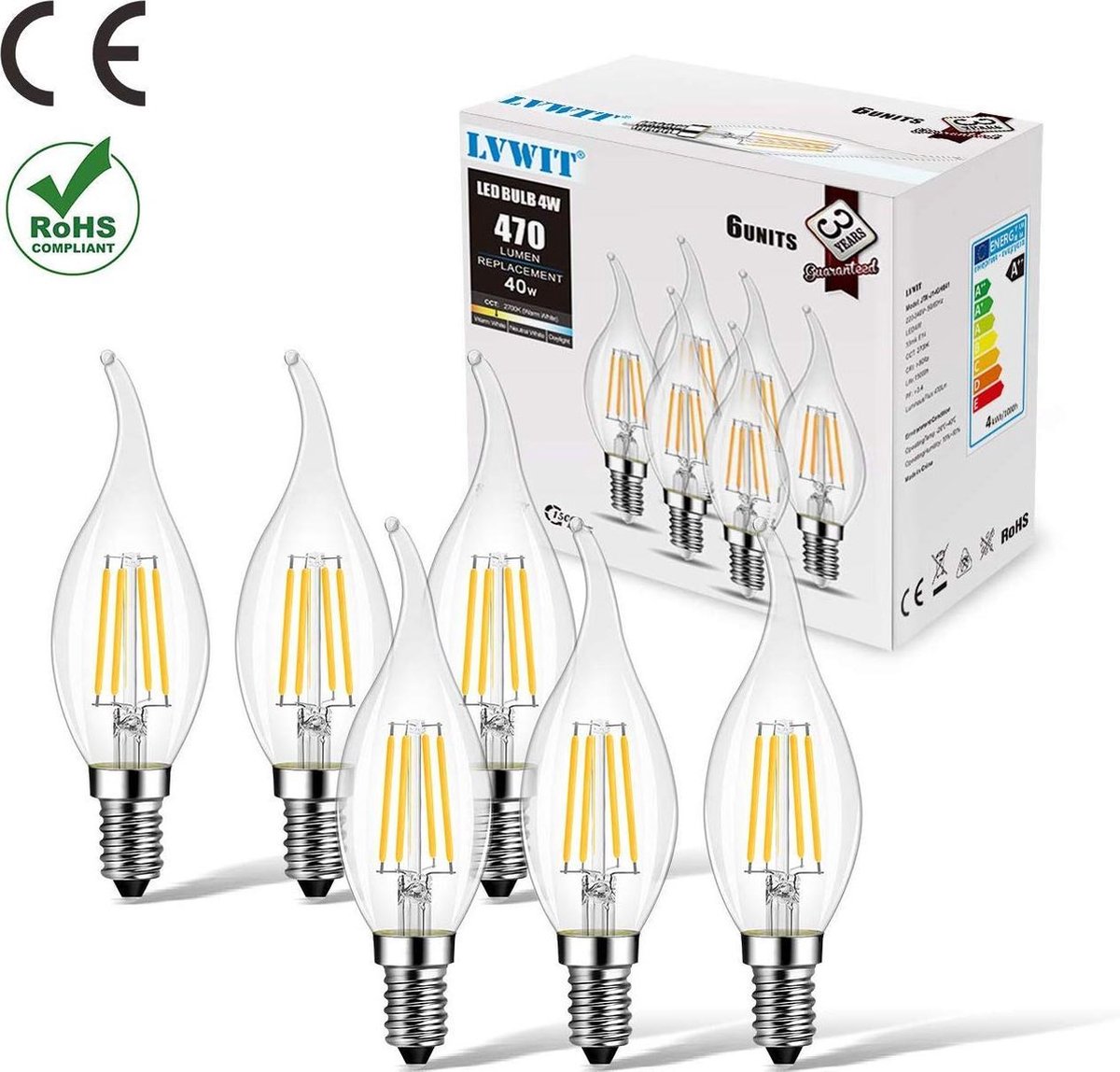 6 stuks filament LED-lamp “wind” voor kroonluchter, E14, 4W, kaarsvorm,  warmwit, glas... | bol.com