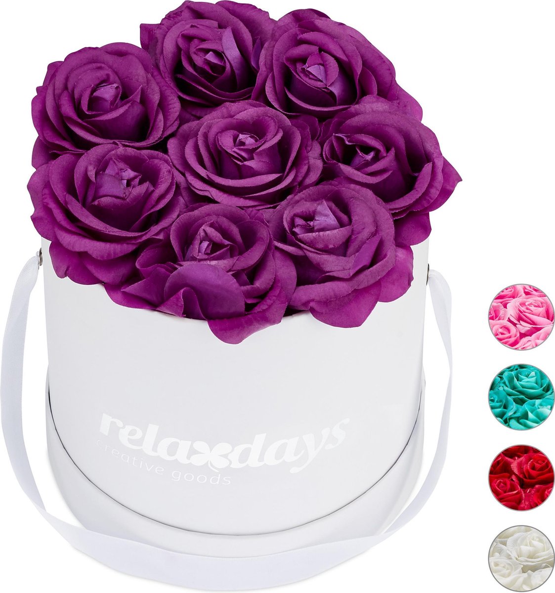 Relaxdays flowerbox 8 kunstrozen rozenbox bloemendoos wit kunstbloemen Paars