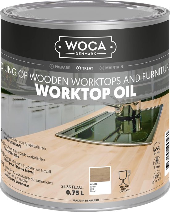 Blik WOCA Werkbladolie Wit. "Oiling of wooden worktops and furniture". 0.75 L.
